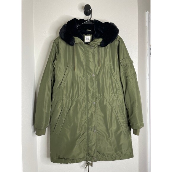 GAP Olive Green Faux Fur Hood Parka Coat Women’s M Long Puffer Utility Jacket - Picture 1 of 7
